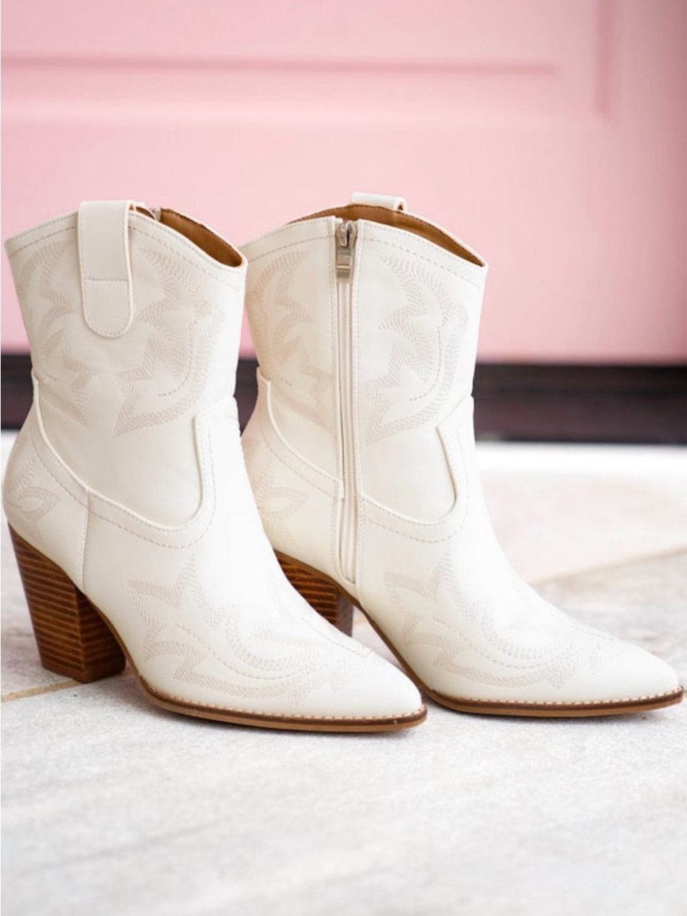 Corky’s Plus One Chic Embroidered Cream Western Ankle Booties with Stacked Heel